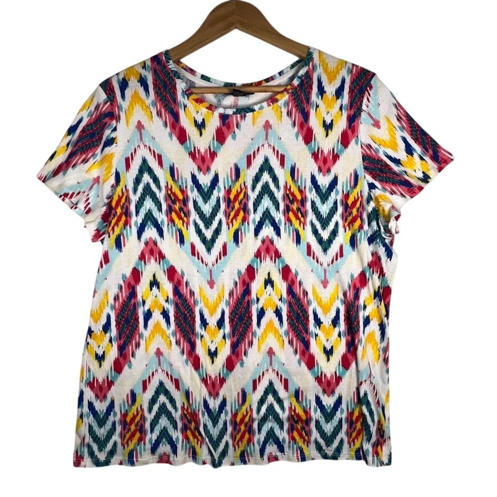 Womens XL‎ Ikat Chevron Print Cotton Short Sleeve Tee Multi-Color Crew Neck Boho